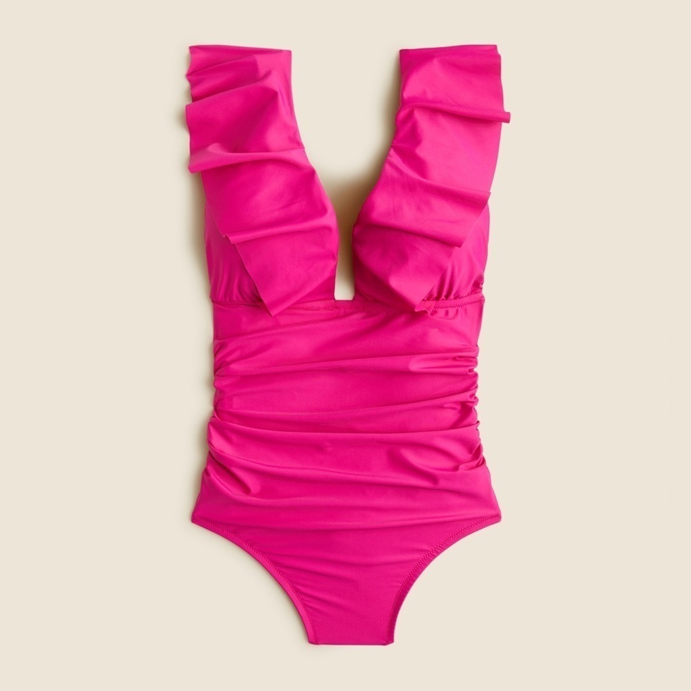 J.Crew Women’s Ruched Ruffle One-Piece Swimsuit BP222 Size 12 In Radiant Fuchsia